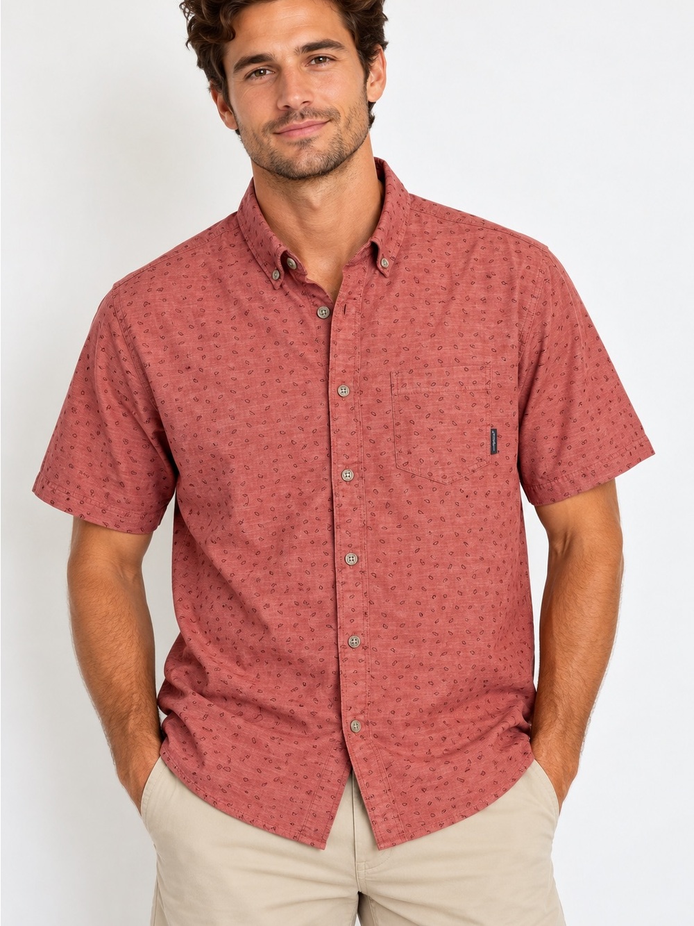 Eddie Bauer Short-Sleeve Button-Down Shirt in Dusty Red Short Sleeve Cotton Lg